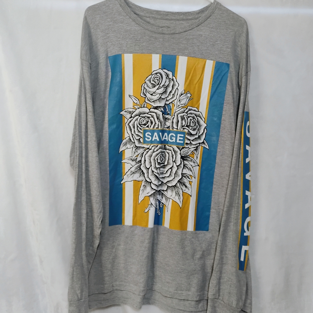 Eighty Eight Savage Mens XL Graphic Print Gray Long Sleeve T Shirt Blue Yellow O